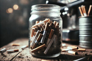 A coffee jar full of cigarette butts