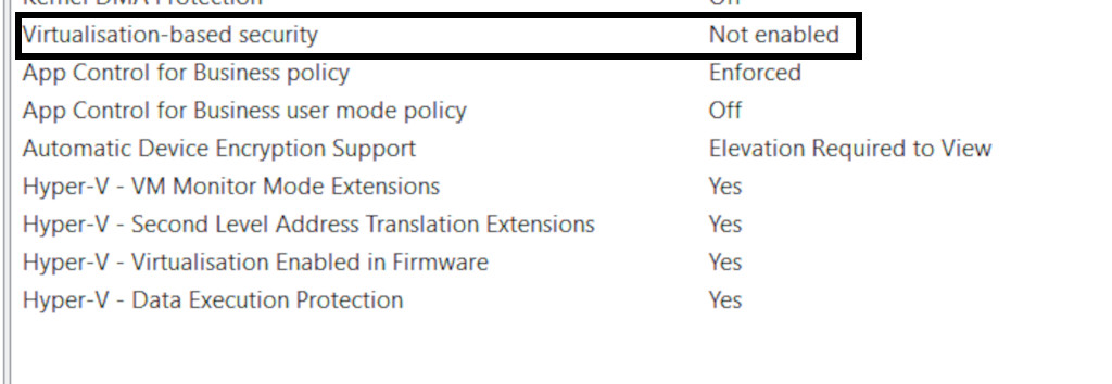 Virtualization-based security is not running